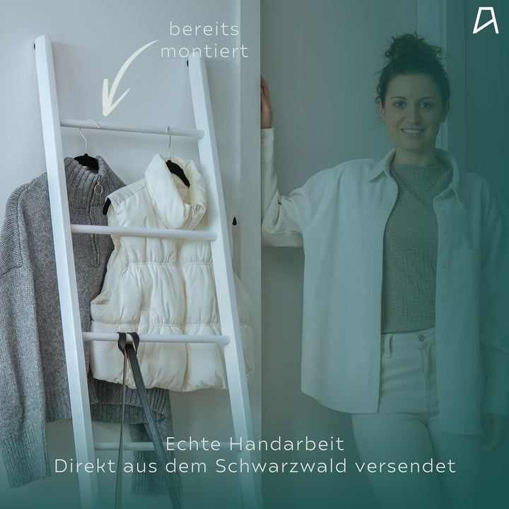 Staboos Massiv Holz Handtuchhalter - Handgemachter Badetuchhalter aus Buchenholz - Holzleiter (Weiss