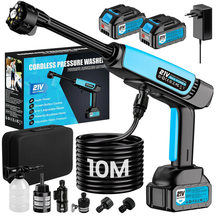 Akku Hochdruckreiniger,80 Bar 21V 2x4000mAh Akku 6-in-1 Multifunktions 180°Drehbare Düse 10M Schlauc