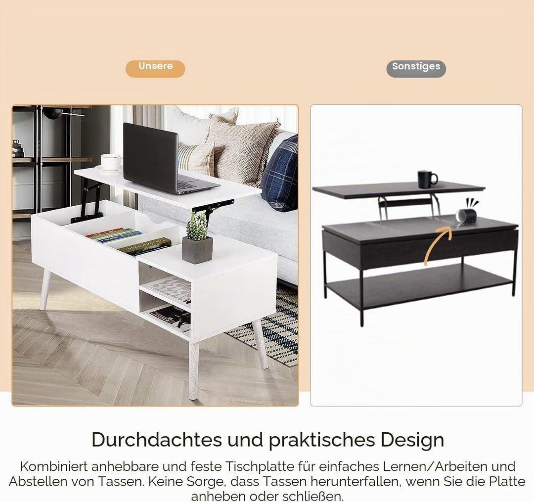 VOWNER Couchtisch, Ausziehbarer Höhenverstellbarer Couchtisch, Wohnzimmertisch, Stabiler Lift-Top-Ti