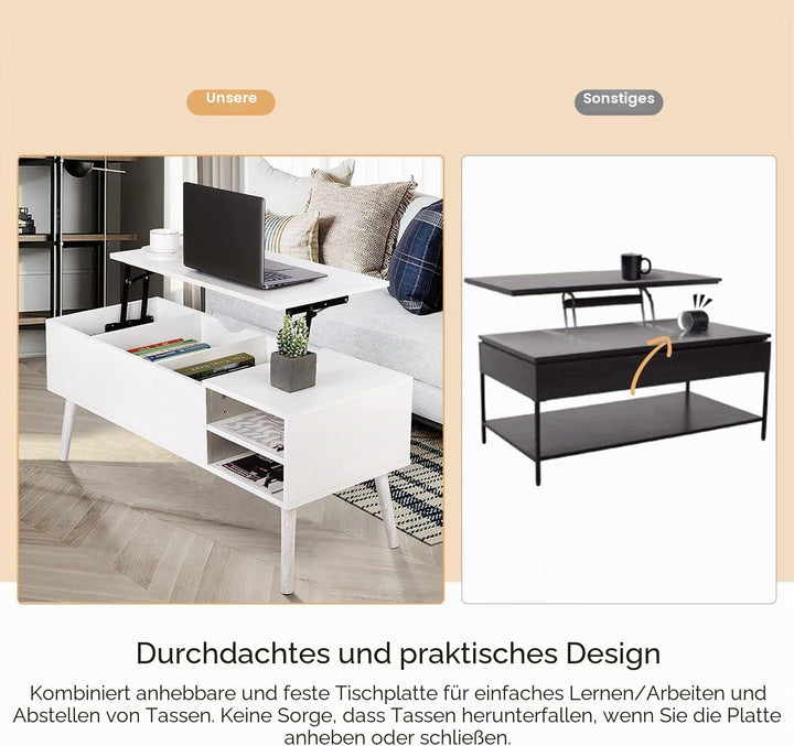 VOWNER Couchtisch, Ausziehbarer Höhenverstellbarer Couchtisch, Wohnzimmertisch, Stabiler Lift-Top-Ti