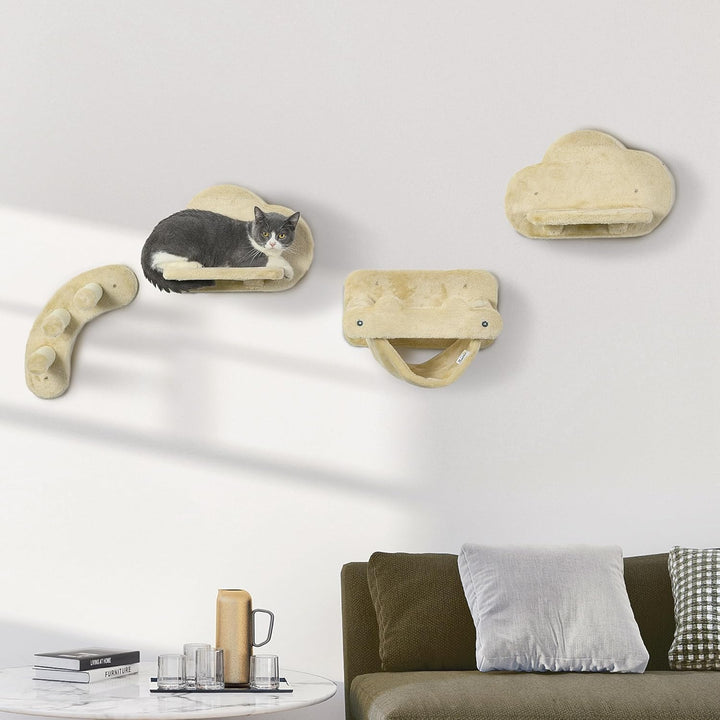 PawHut Kletterwand Katzen, 4-teilig Katzenkletterwand Set, Katzen Wandelemente mit Kaztentreppe, Hän