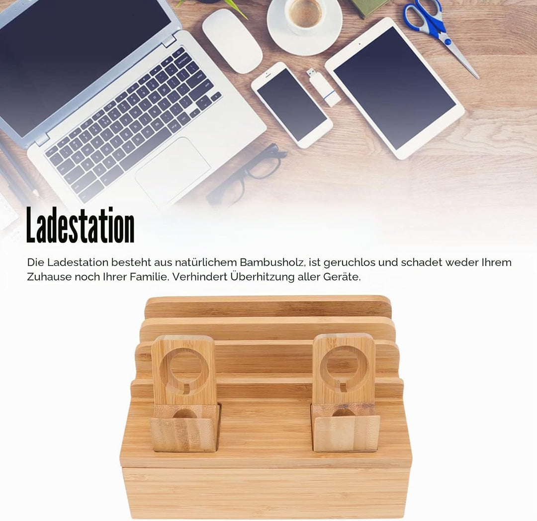 Gugxiom Bambus-Ladestation, Multifunktions-Ladestation mit 5 Anschlüssen, Geräte-Organizer, Magnetis