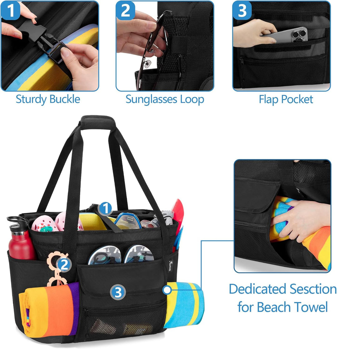 Fasrom Strandtasche XXL mit isolierter Kühltasche, Wasserdichte Strandtasche mit Trocken-Nass-Trennu