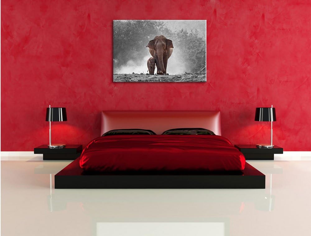 Pixxprint Elefanten Baby Mama / 100x70cm Leinwandbild bespannt auf Holzrahmen/Wandbild Kunstdruck De