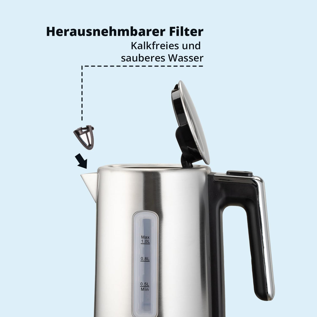 KHG Wasserkocher WK-105 ES Edelstahl, 1 Liter Kapazität | LED-Schaler, Kalkfilter, Wasserstandsanzei