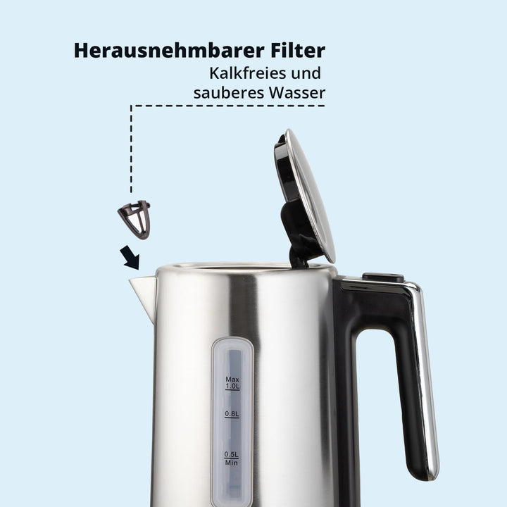 KHG Wasserkocher WK-105 ES Edelstahl, 1 Liter Kapazität | LED-Schaler, Kalkfilter, Wasserstandsanzei