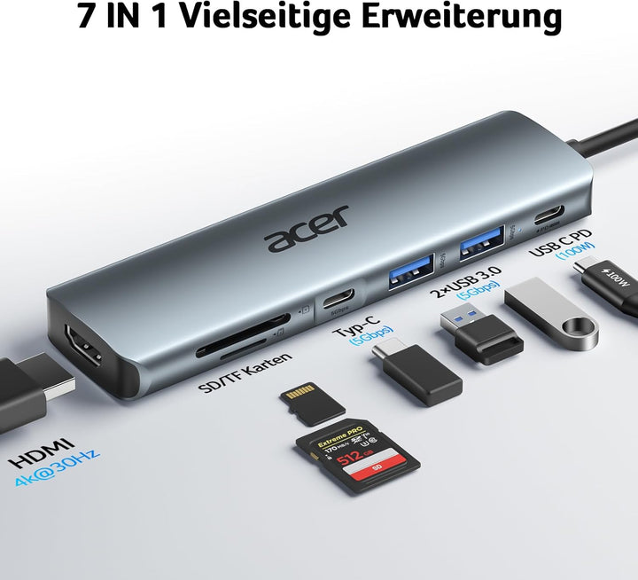 acer USB C Hub, 7IN1 USB-C auf 4K HDMI, 2xUSB 3.0, 1x Typ C 5Gbps, 100W PD, SD/TF Katenleser, Alumin
