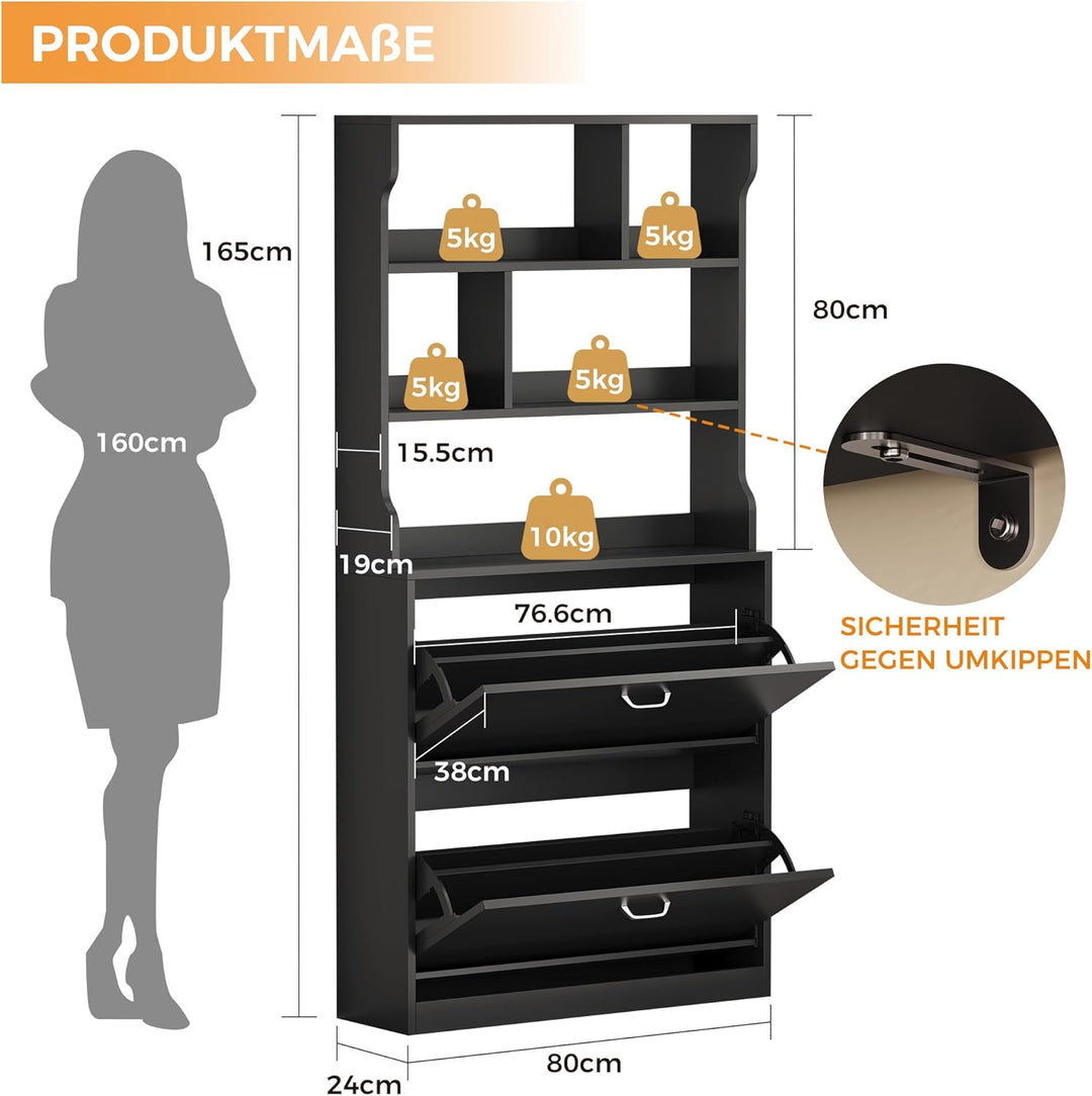IRONCK Schuhschrank mit 2 Klappen, Schuhkipper Schmal, Schuhregal offenes Fach, Hohe Schuhaufbewahru
