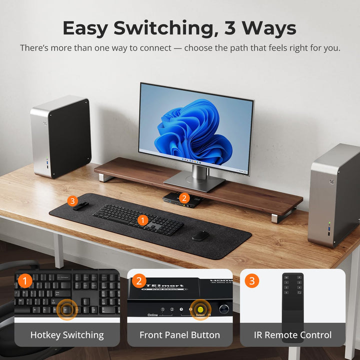 TESmart USB3.0 HDMI KVM Switch, 2 PC 1 Monitore Switch 4K 60Hz mit EDID Emulator, Hotkey, Audio Extr