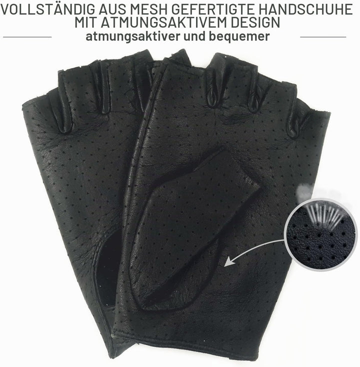 ZLUXURQ Herren-Lederhandschuhe Vollmaschige Fingerlose Halbfinger-Fahrhandschuhe Small-8.5" Schwarz,