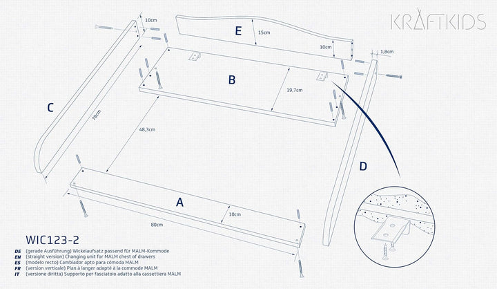 KraftKids Wickelaufsatz weiss passend für MALM Kommode