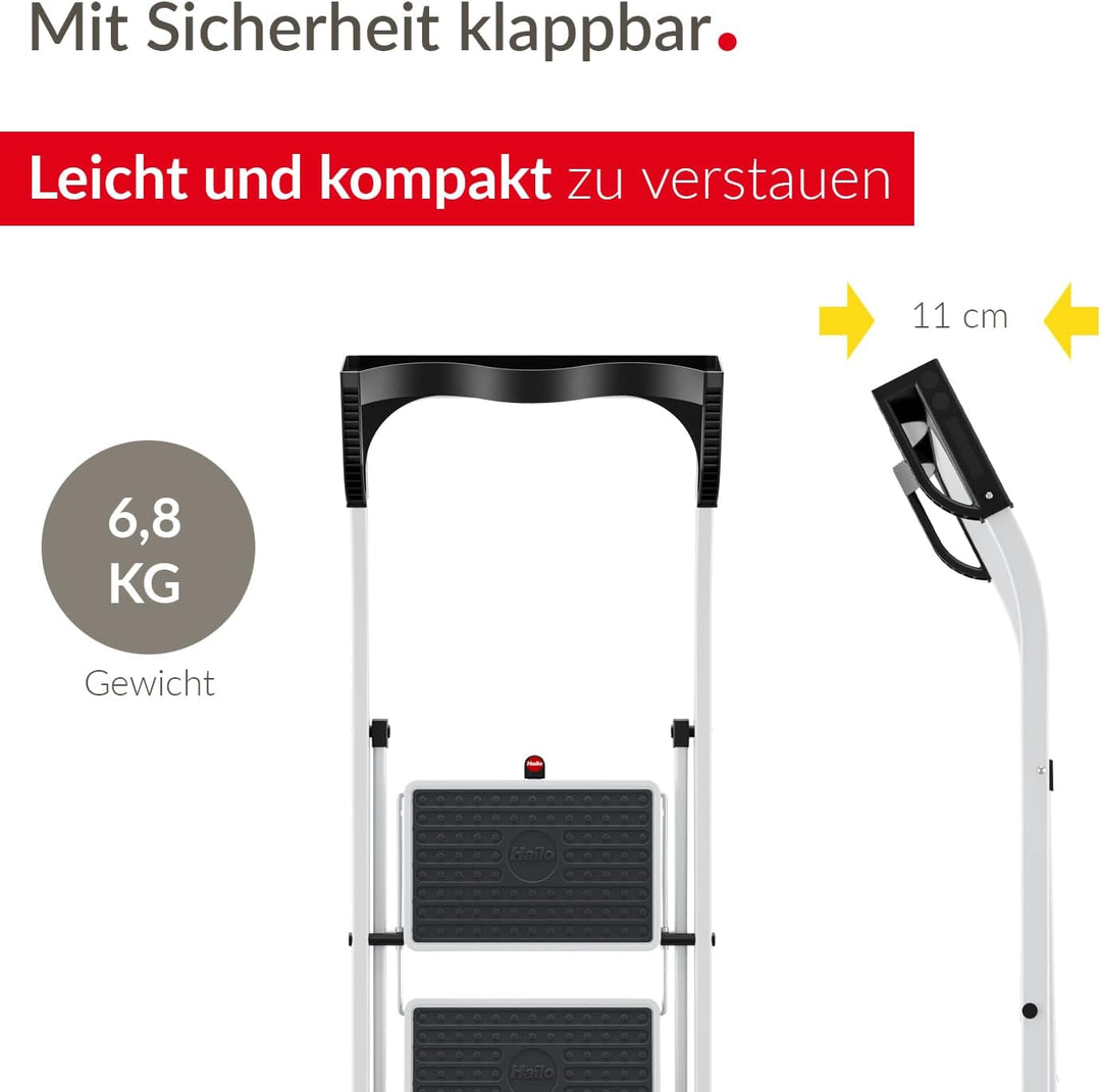 Hailo K75 ComfortLine Klapptritt - 3-stufige Trittleiter aus Stahl mit Sicherheitsbügel und Ablagesc