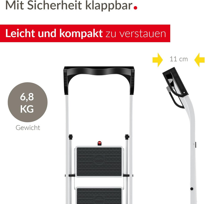 Hailo K75 ComfortLine Klapptritt - 3-stufige Trittleiter aus Stahl mit Sicherheitsbügel und Ablagesc