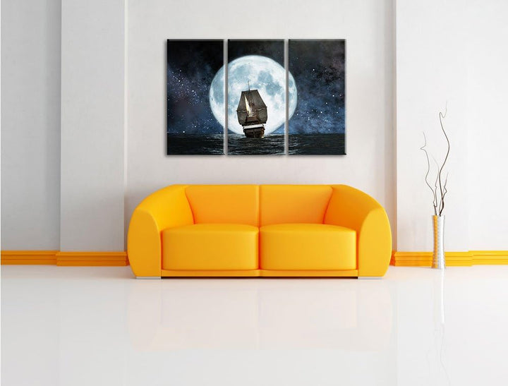 Pixxprint Segelschiff bei Vollmond als Leinwandbild | Grösse: 3 Teilig (120x80) | Wandbild| Kunstdru