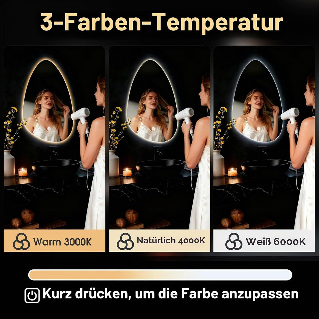 Rund Badezimmer Wandspiegel, Badspiegel Mit Beleuchtung, Spiegel mit LED Licht, Touch Schalter und 3