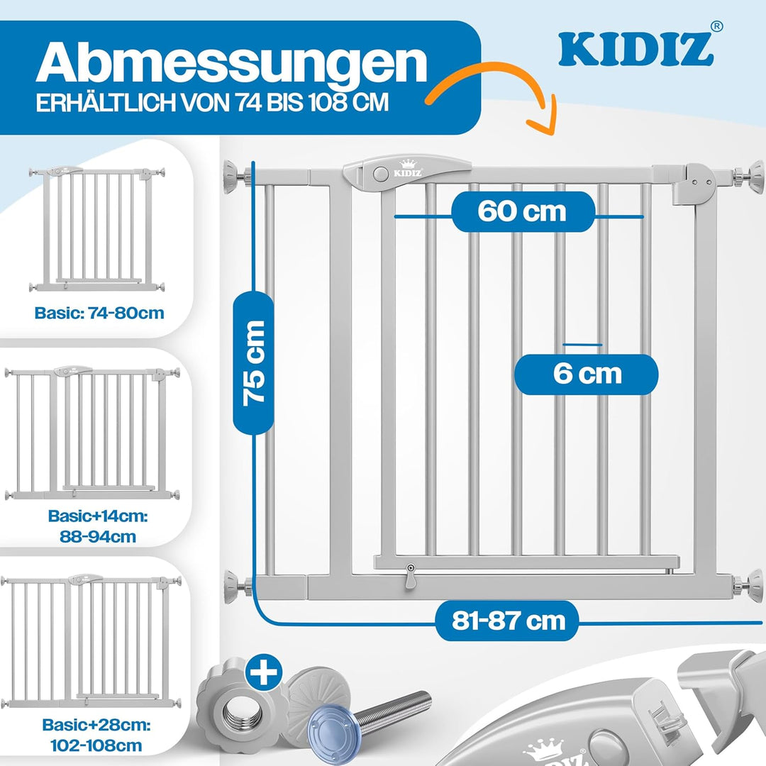 KIDIZ Treppenschutzgitter ohne Bohren | Verstellbare Breite: 81-87 cm, 75 cm hoch, Türschutzgitter u