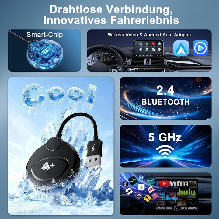Android Auto Wireless Adapter mit YouTube, Tiktok für Autos, Superschnelle Upgrade von Wired auf Wir