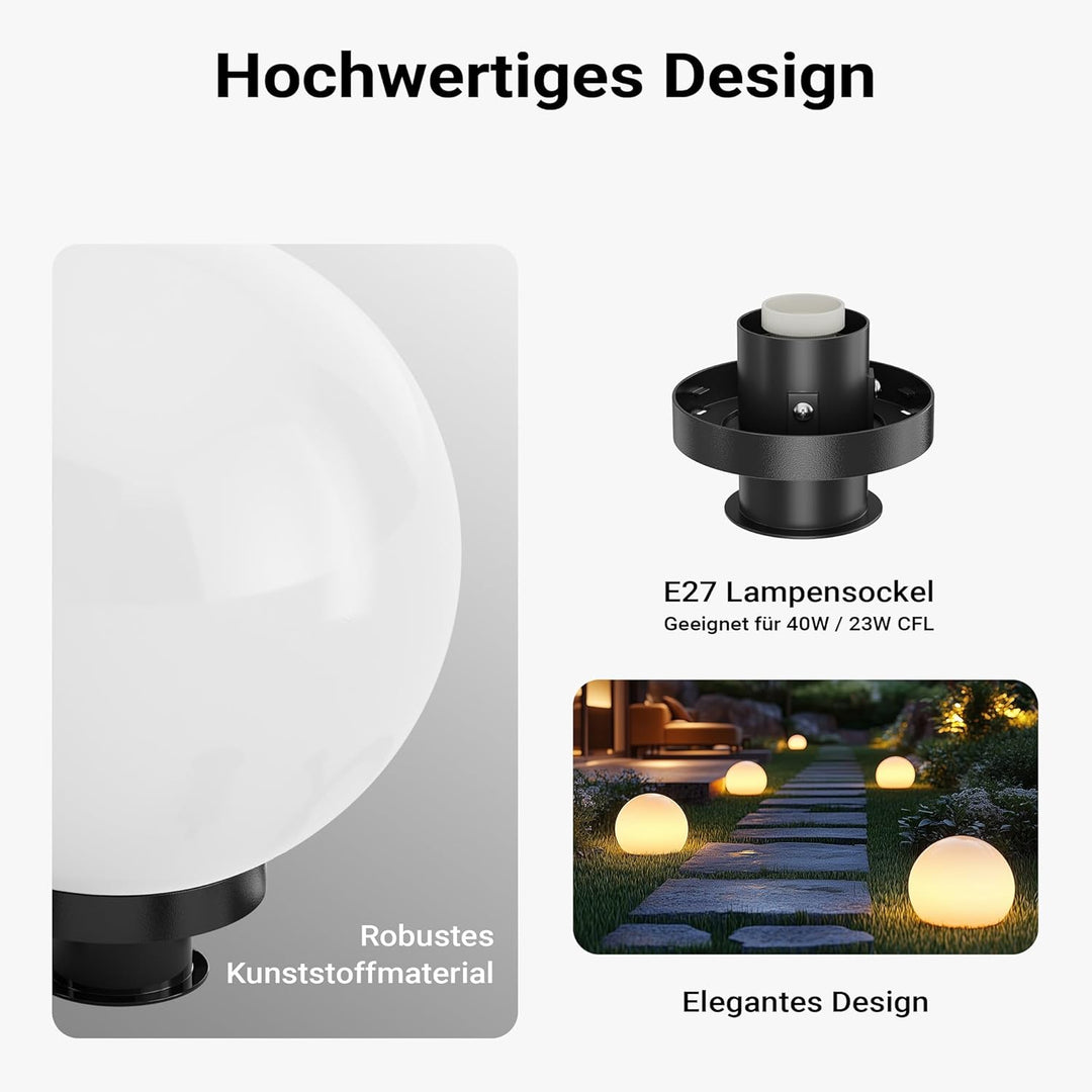 Wiltec Outdoor-Kugelleuchte Ø30 cm, Gartenleuchte mit Erdspiess, IP44 Aussenleuchte, 40W E-27 Fassun