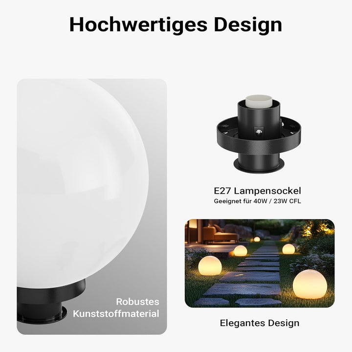 Wiltec Outdoor-Kugelleuchte Ø30 cm, Gartenleuchte mit Erdspiess, IP44 Aussenleuchte, 40W E-27 Fassun