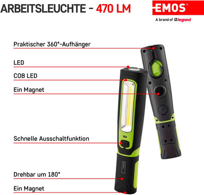 EMOS LED-Arbeitsleuchte, aufladbare Werkstattlampe mit knickbarem Haltefuss, Haken und Magnet, 470 l