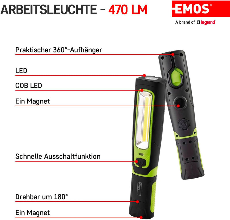 EMOS LED-Arbeitsleuchte, aufladbare Werkstattlampe mit knickbarem Haltefuss, Haken und Magnet, 470 l