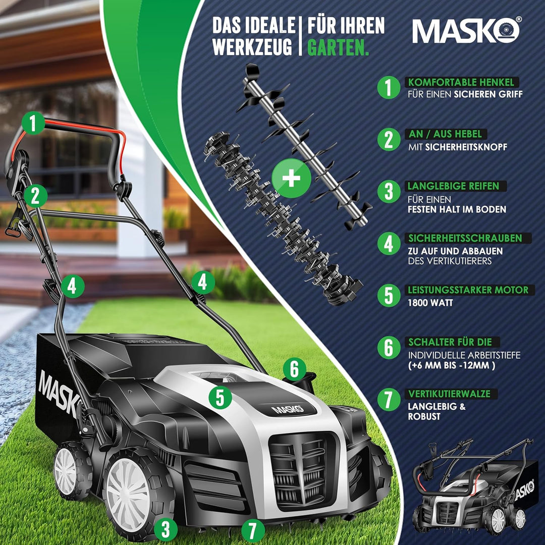 MASKO® - Elektro 2in1 Vertikutierer Rasenlüfter 1800 Watt 40cm Arbeitsbreite 55L Fangkorb inkl. Lüft