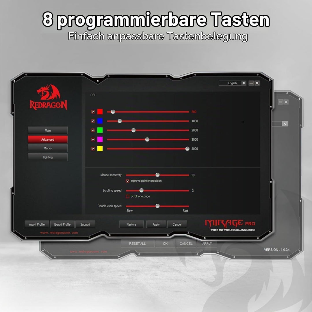 Redragon M690 PRO Kabellose Gaming-Maus, 8000 DPI kabelgebundene/kabellose Gamer-Maus mit Schnellfeu