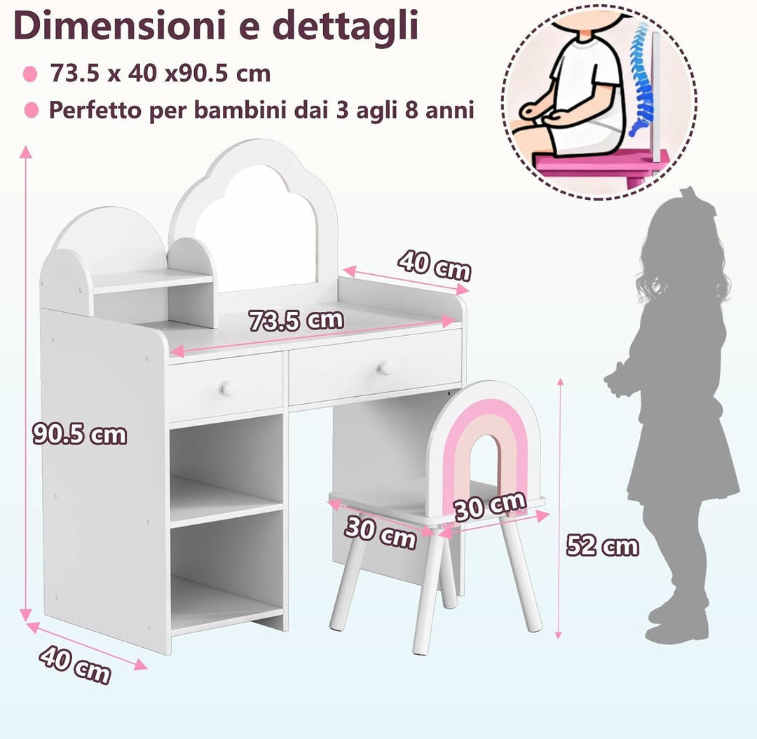 Clevich Schminktisch Kinder Set, 2 in 1 Kinderschminktisch mit Spiegel, 2 Schubladen, Schliessfächer