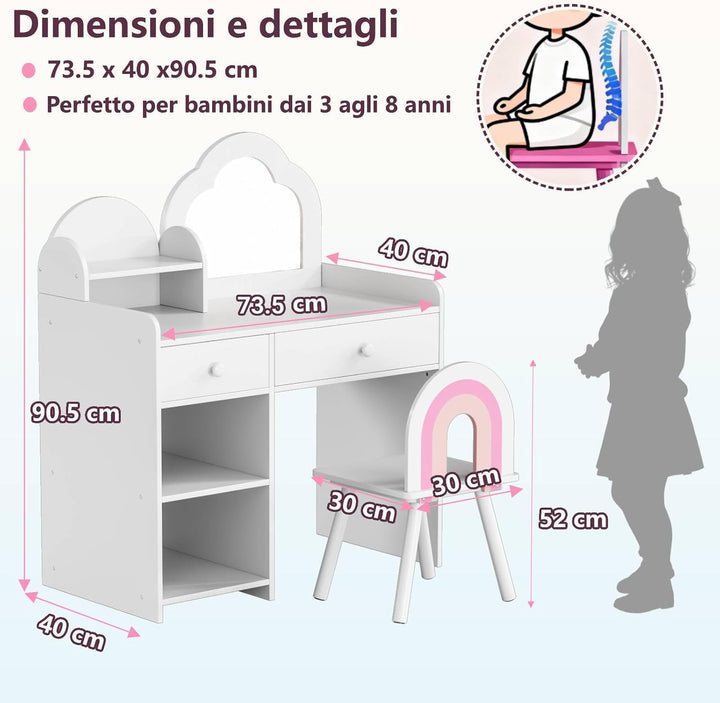 Clevich Schminktisch Kinder Set, 2 in 1 Kinderschminktisch mit Spiegel, 2 Schubladen, Schliessfächer