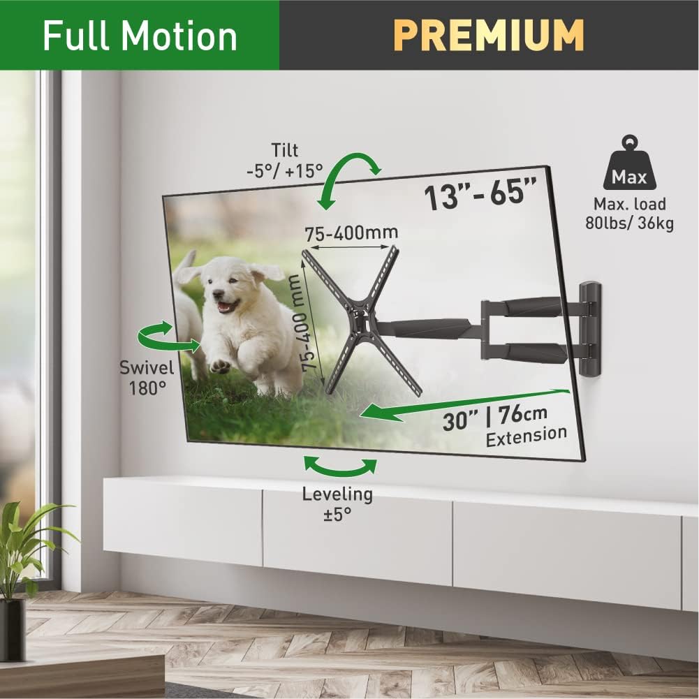 Barkan 76cm Lange TV Wandhalterung, 13-65 Zoll Schwenkbar/Neigbar/Vollbewegung flach & Curved Fernse