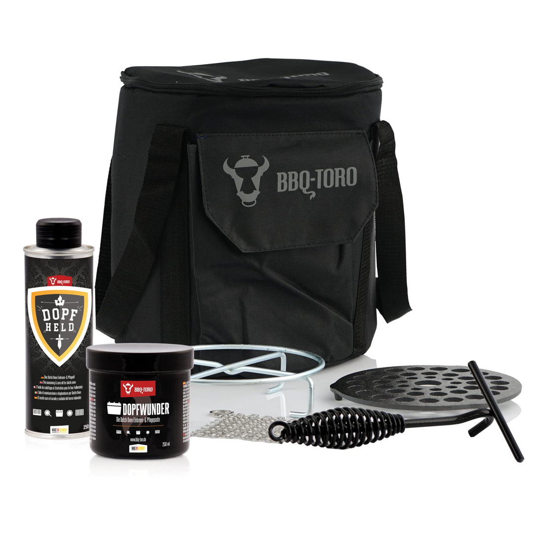BBQ-Toro Zubehör Set für Dutch Oven 7-teilig | Mit Aufbewahrungstasche, Pflegeöl, -paste, Ringreinig