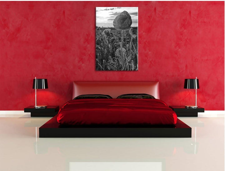 Mohnfeld Kunst B&W, Format: 100x70 auf Leinwand, XXL riesige Bilder fertig gerahmt mit Keilrahmen, K