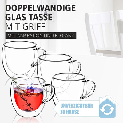 KADAX doppelwandige Glas Tasse, 250 ml, Glas mit breitem Griff, Trinkglas für Saft, Tee, Kaffee, Cap