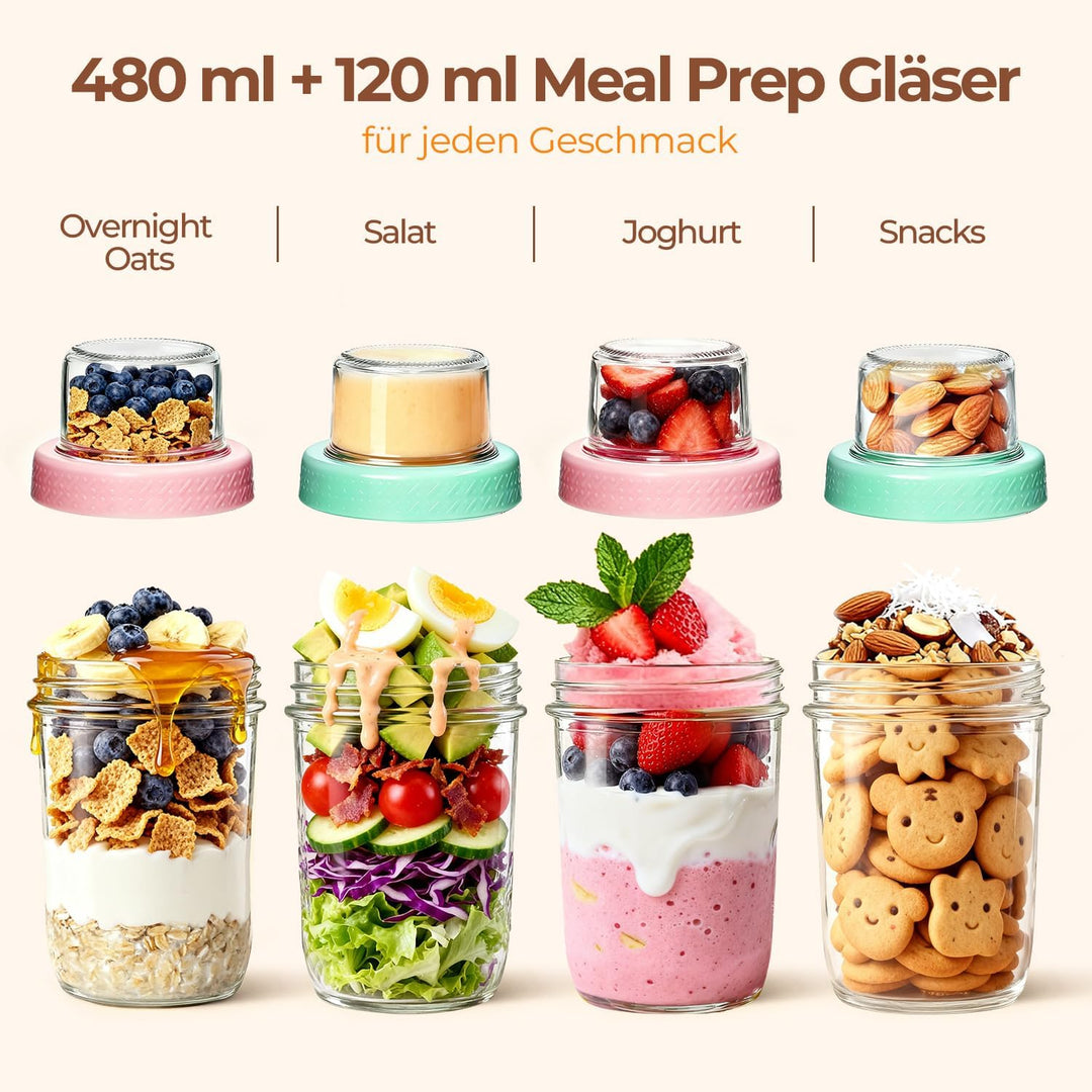 ComSaf 4er Overnight Oats Gläser, 480ml+120ml Müslibecher to go, Joghurtbecher mit Doppelschicht-Des