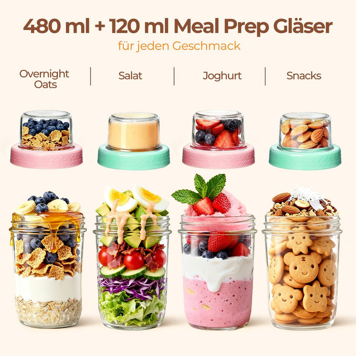 ComSaf 4er Overnight Oats Gläser, 480ml+120ml Müslibecher to go, Joghurtbecher mit Doppelschicht-Des