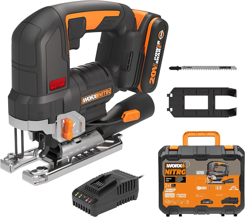 WORX NITRO WX542 Akku-Pendelhub-Stichsäge 20V - Bürstenloser Motor - Profi Stichsäge mit Absaug-Adap