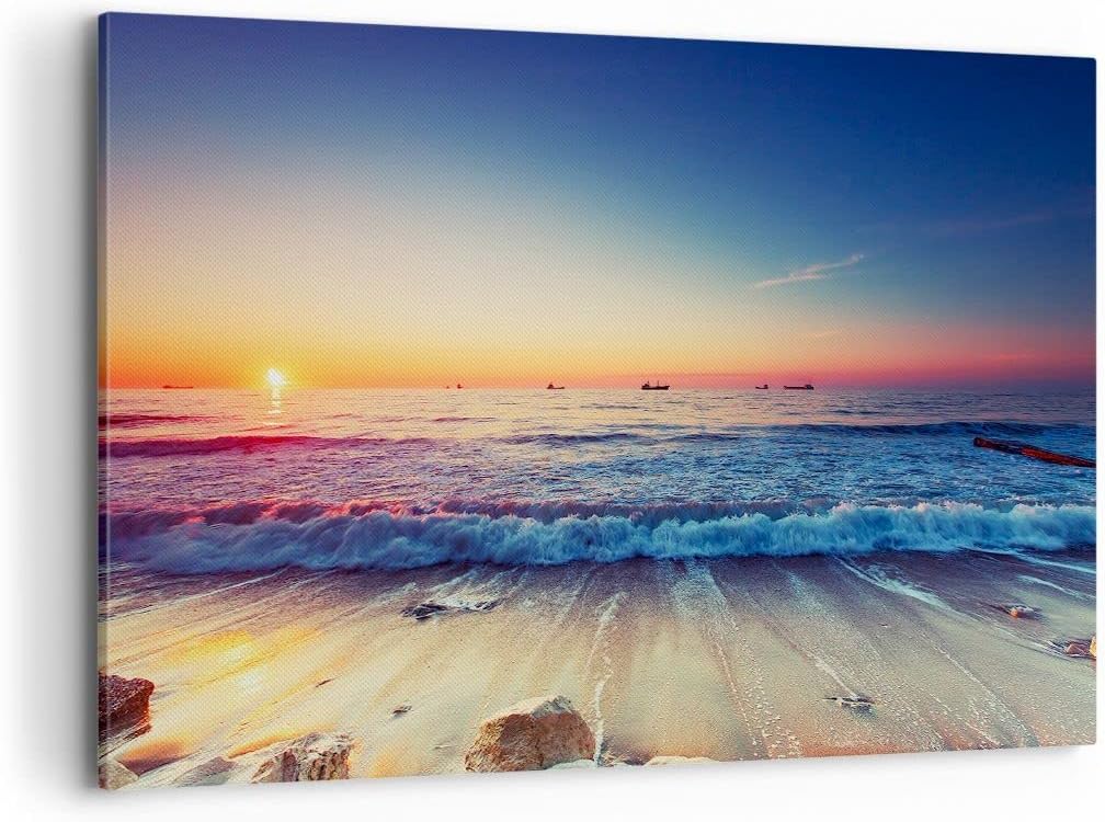Bilder auf Leinwand 100x70cm Leinwandbild mit Rahmen Meer Strand Welle Gross Wanddeko Bild Schlafzim