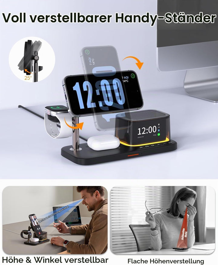 7-in-1 kabelloses Ladegerät, Bluetooth-Lautsprecher mit Wecker, Qi 2.2 25W Handy-Schnellladung, Stim