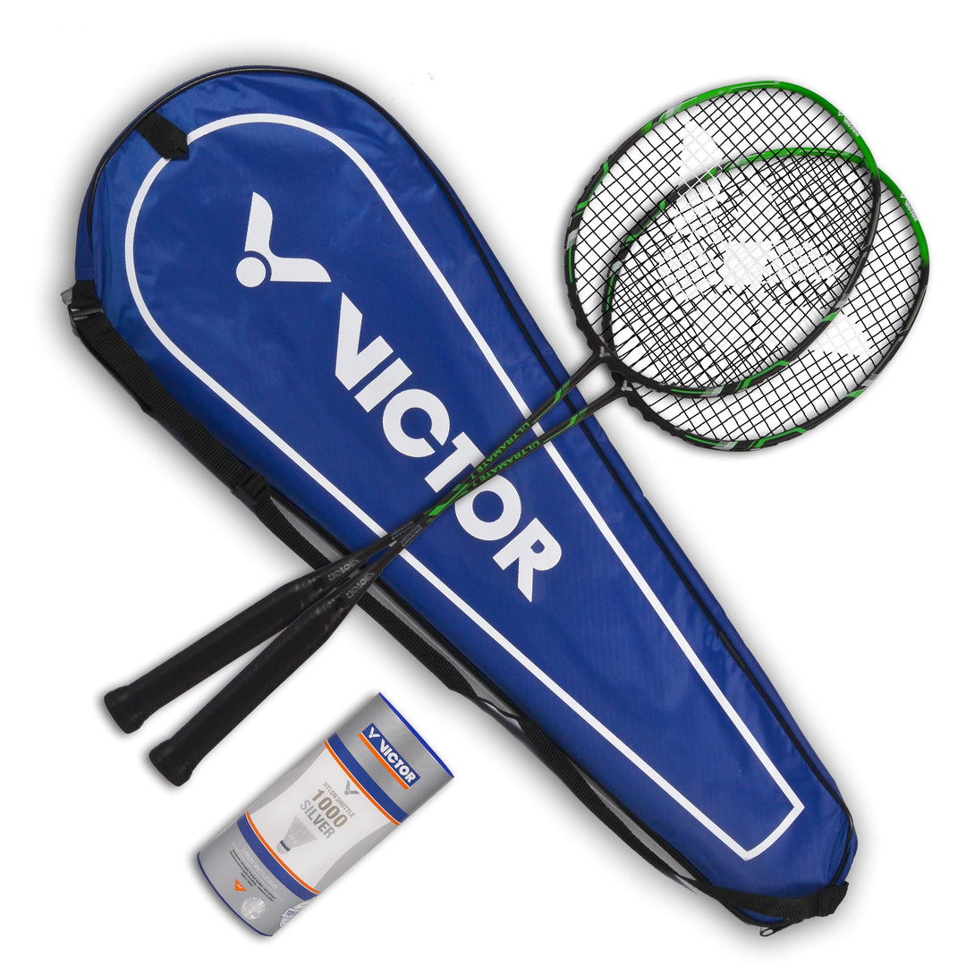 VICTOR Badmintonset Ultramate 7-2 x Ultramate 7 Badmintonschläger, 3 x Nylonshuttle 1000, 1 x Thermo