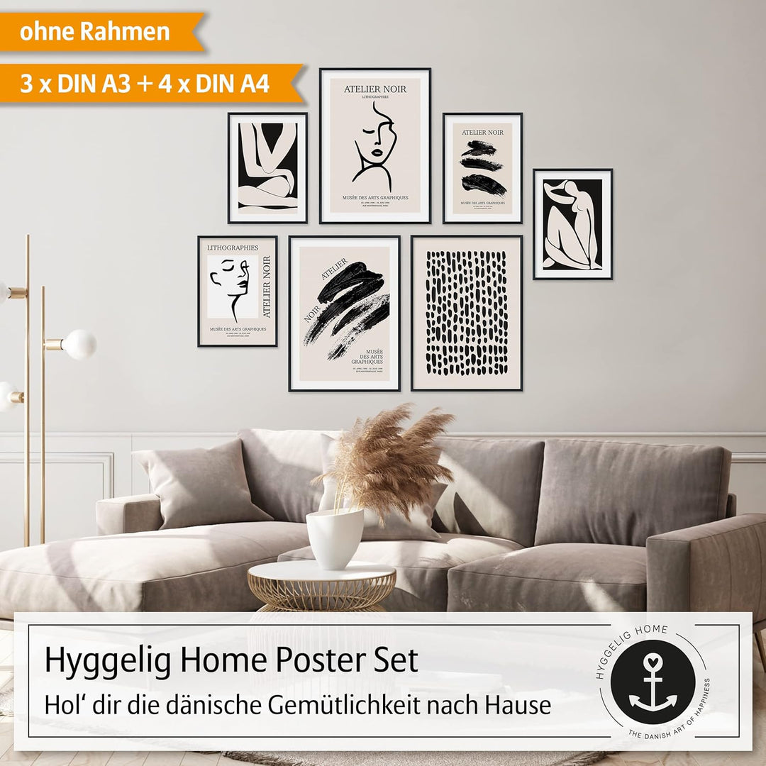 Hyggelig Home Premium Poster Set - 7 hochwertige Poster im Kunstdruck schwarz weiss beige abstrakt a