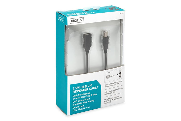 DIGITUS Aktives USB 2.0 Verlängerungskabel, Repeaterkabel, 15 m Länge, USB A Stecker auf USB A Buchs