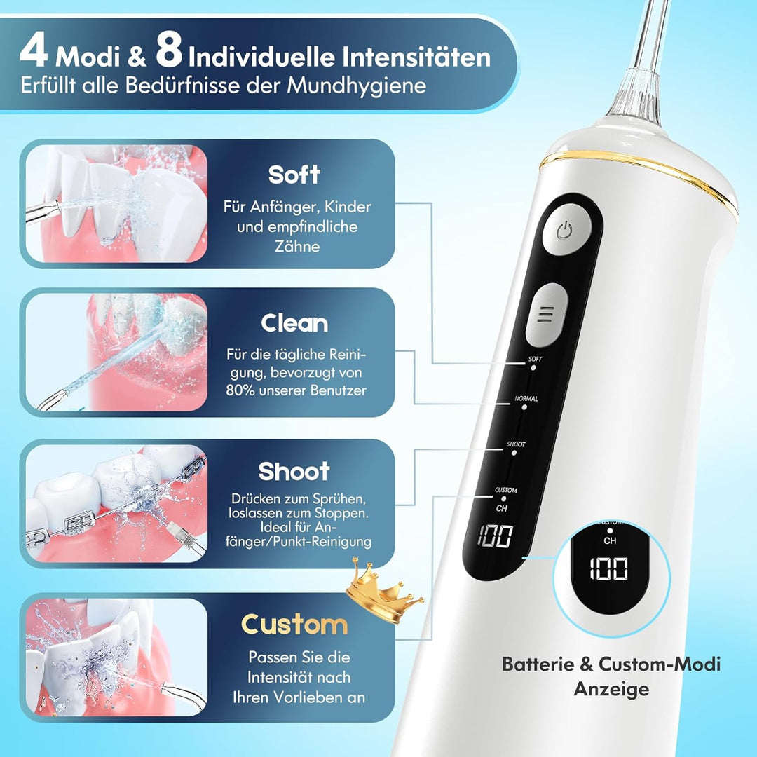 Munddusche Kabellos, Water Flosser for Teeth Mit 4 Modi & 8 Stufen 7 Düsen 300ML Tank Munddusche für