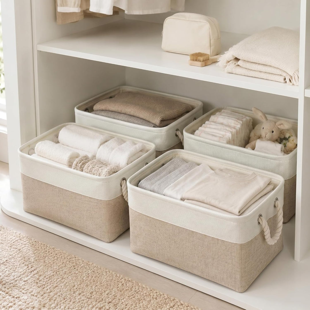 Mangata Grosse Aufbewahrungsbox 4er Set, Canvas Stoff Aufbewahrungskörbe mit Griffen für Schränke, K