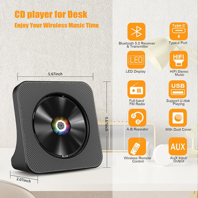 Gueray Tragbarer CD Player mit Bluetooth Desktop CD-Player für zu Hause Eingebaute Doppelte HiFi-Lau