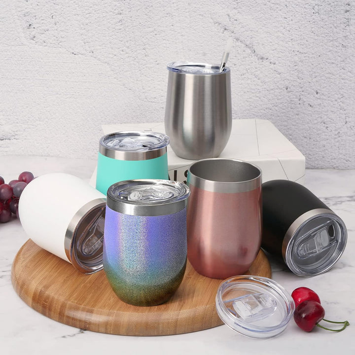 Joymaking 4 Stück Weinbecher Edelstahl, Stemless Weinbecher mit Deckel, Doppelwandige Unbreakable Tr