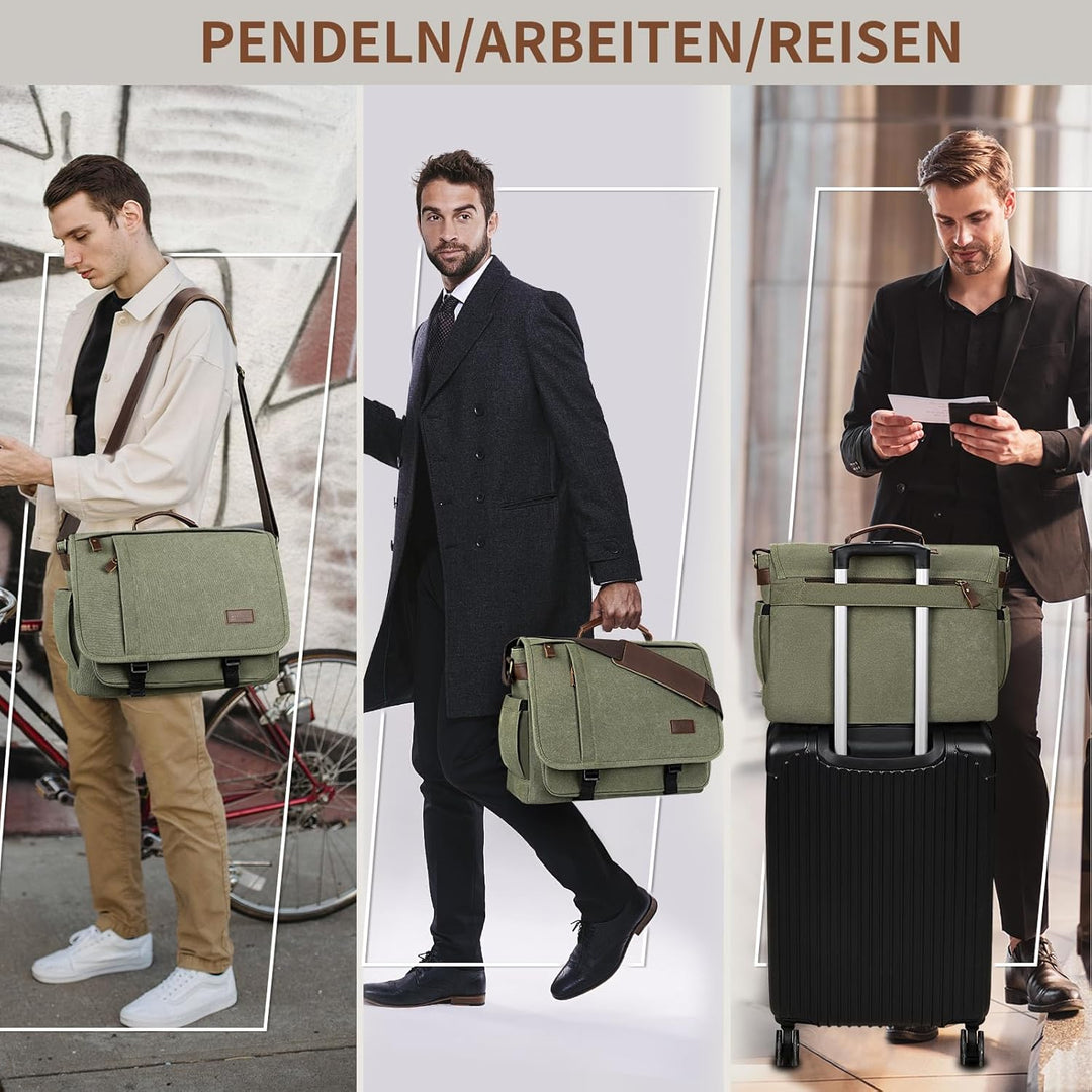 ESTARER Laptoptasche 17 Zoll Umhängetasche Canvas für Arbeit Uni, Armeegrün Grün 17.3 Zoll (Schnalle