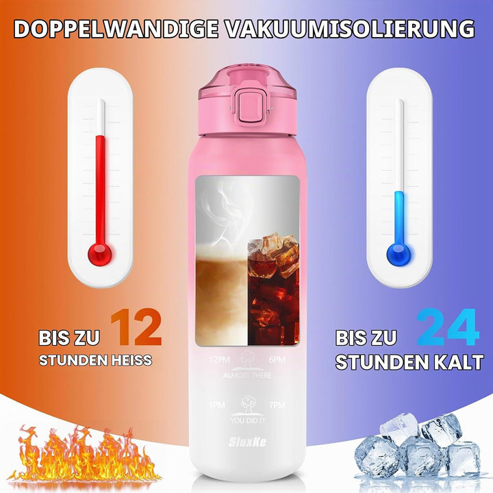 SLUXKE Trinkflasche Edelstahl 1000ml mit 2Deckel（Strohhalm&amp; no Strohhalm, [18/10 Edelstahl] 1Liter T