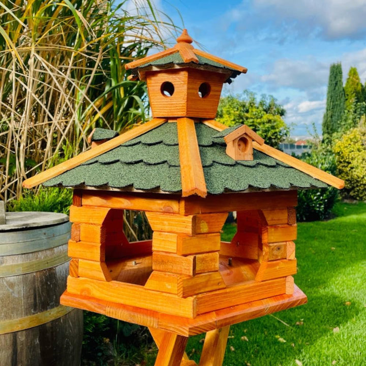 handgefertigtes Sechseck Vogelhaus aus Holz wetterfest M - XL mit und ohne Ständer, Futterhaus, Futt
