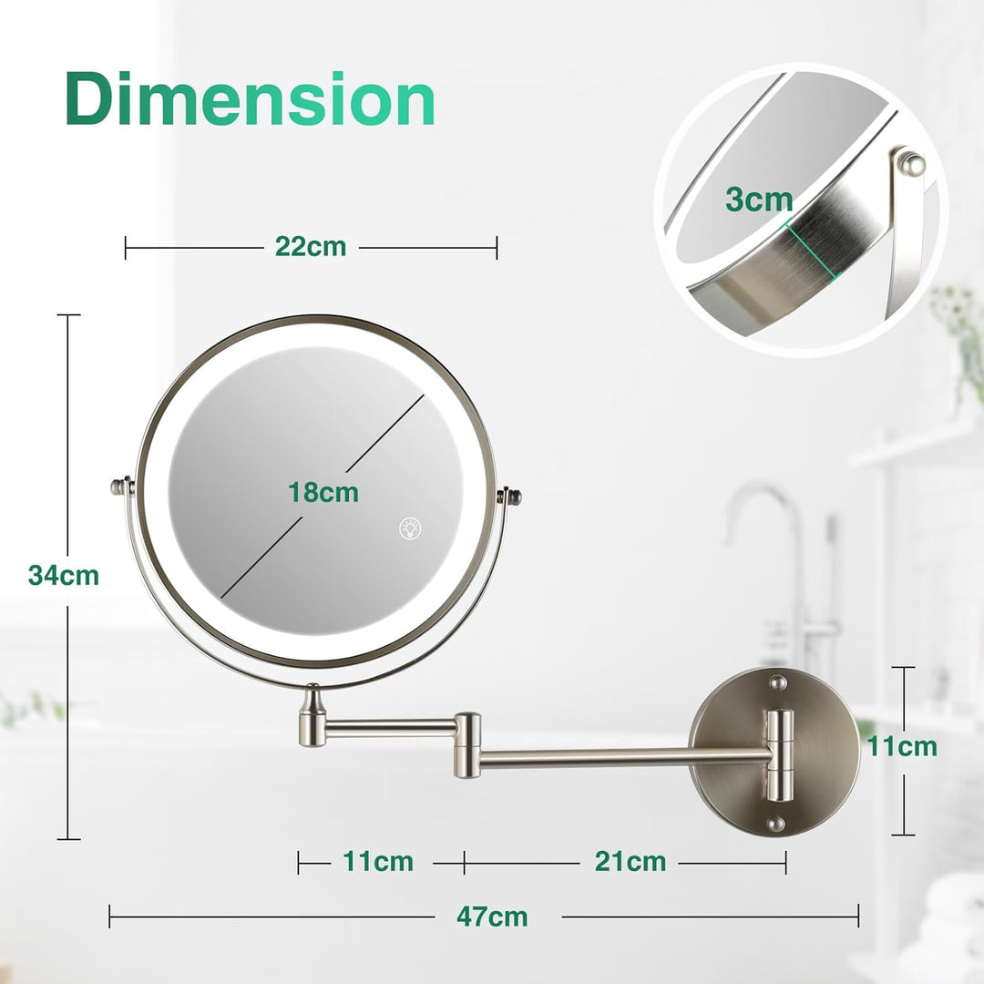 Aufladbarer Wandmontiertes Make-up Spiegel in gepoliertem Nickel, mit Beleuchtung, zweiseitig 1X/10X
