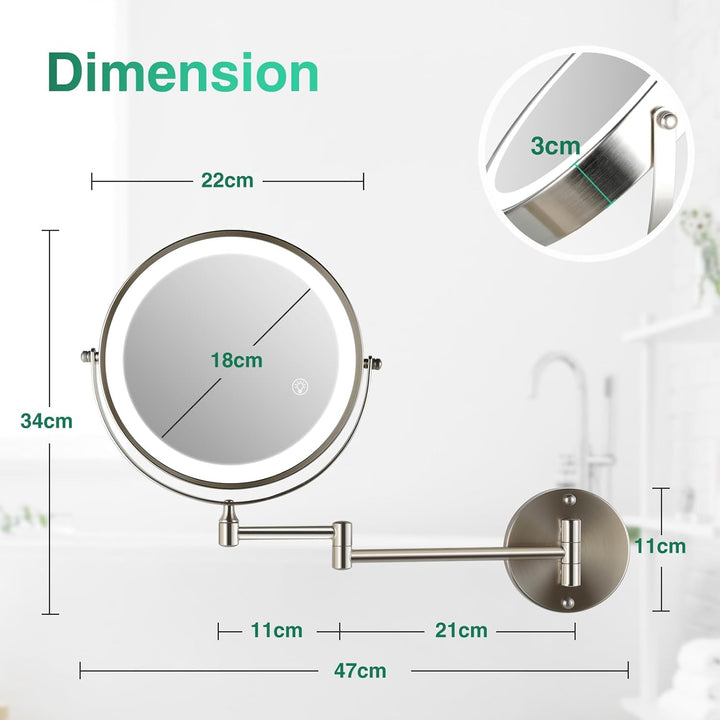 Aufladbarer Wandmontiertes Make-up Spiegel in gepoliertem Nickel, mit Beleuchtung, zweiseitig 1X/10X